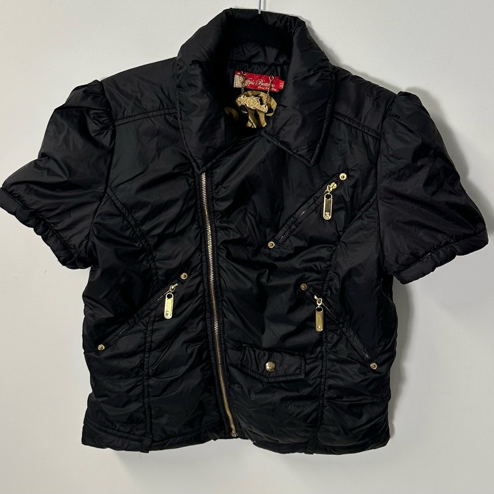 Y2K APPLE BOTTOMS women's black gold rouched shortsleeve puffer vest, XL.